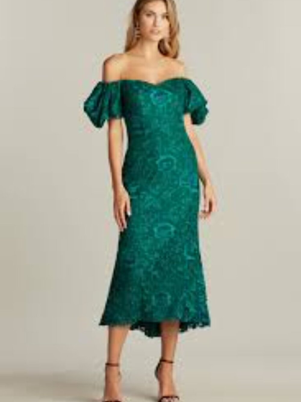 Tadashi Shoji Emerald Green Lace Midi Dress with Puff Sleeves Sz 16